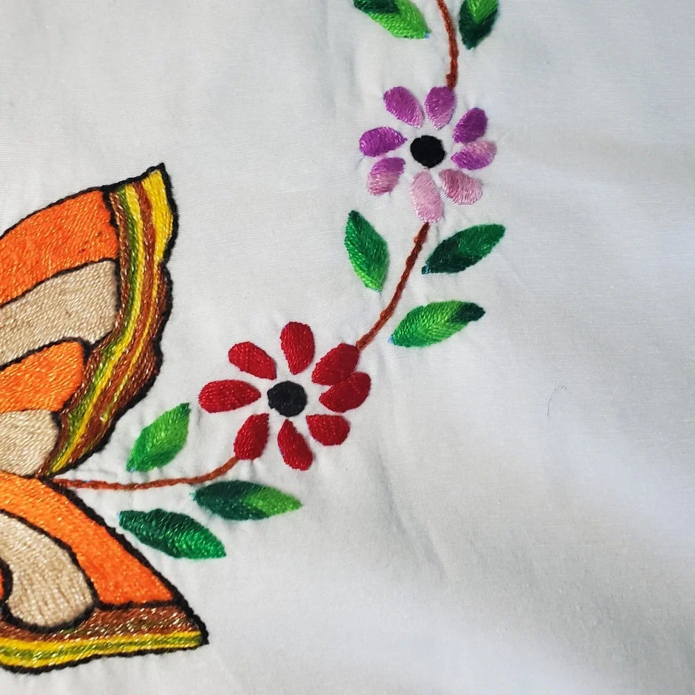 Hand Embroidered Pillowcase White Butterfly Floral Decor Home Accent Cottagecore